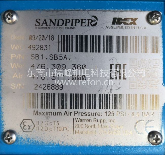 美国SANDPIPER胜佰德气动隔膜泵SB1SB5A铭牌实物拍摄